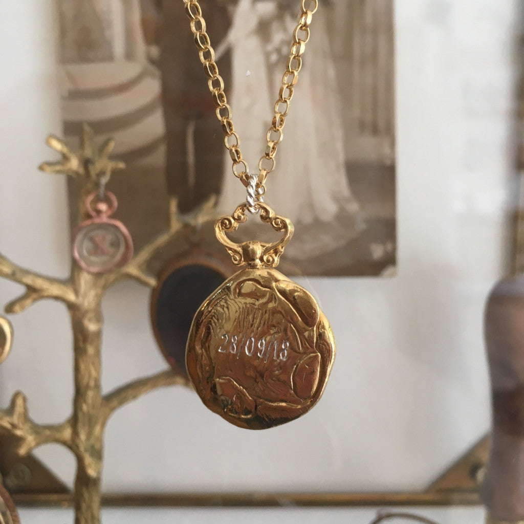 Jessica de Lotz JdL Jewellery Hand Engraving of Date on Gold Plated Silver Large Initial Wax Seal