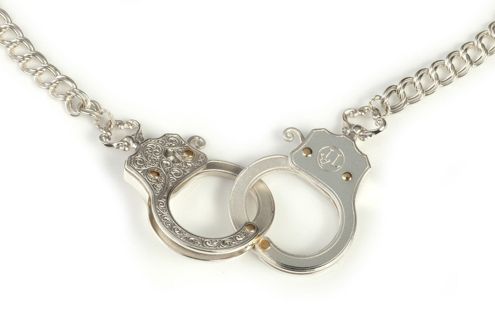 Jessica de Lotz JdL Jewellery Gladys Joyce Bowden Collection Closeup Large Functioning Handcuffs Necklace with Twin curb Chain Sterling Silver with Highlights in Gold