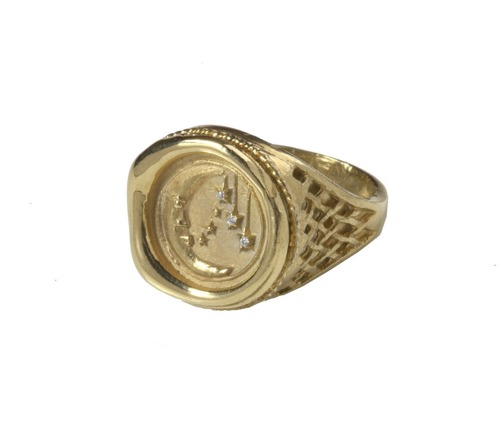 Gold Mini Moon Signet Ring with Diamonds