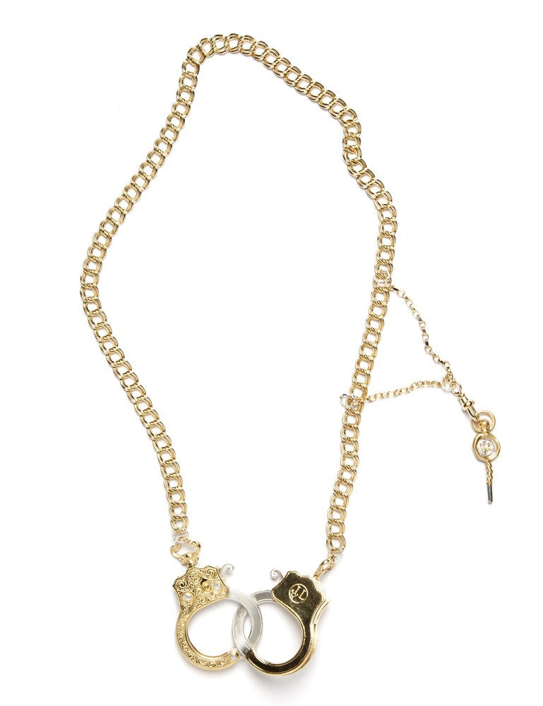Jessica de Lotz JdL Jewellery Gladys Joyce Bowden Collection Large Functioning Handcuffs Necklace with Twin curb Chain Gold Plated Sterling Silver