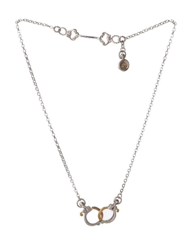 Jessica de Lotz JdL Jewellery Gladys Joyce Bowden Collection Mini Handcuff Necklace with Edwardian Pistol Engraving Sterling Silver with Gold Highlights