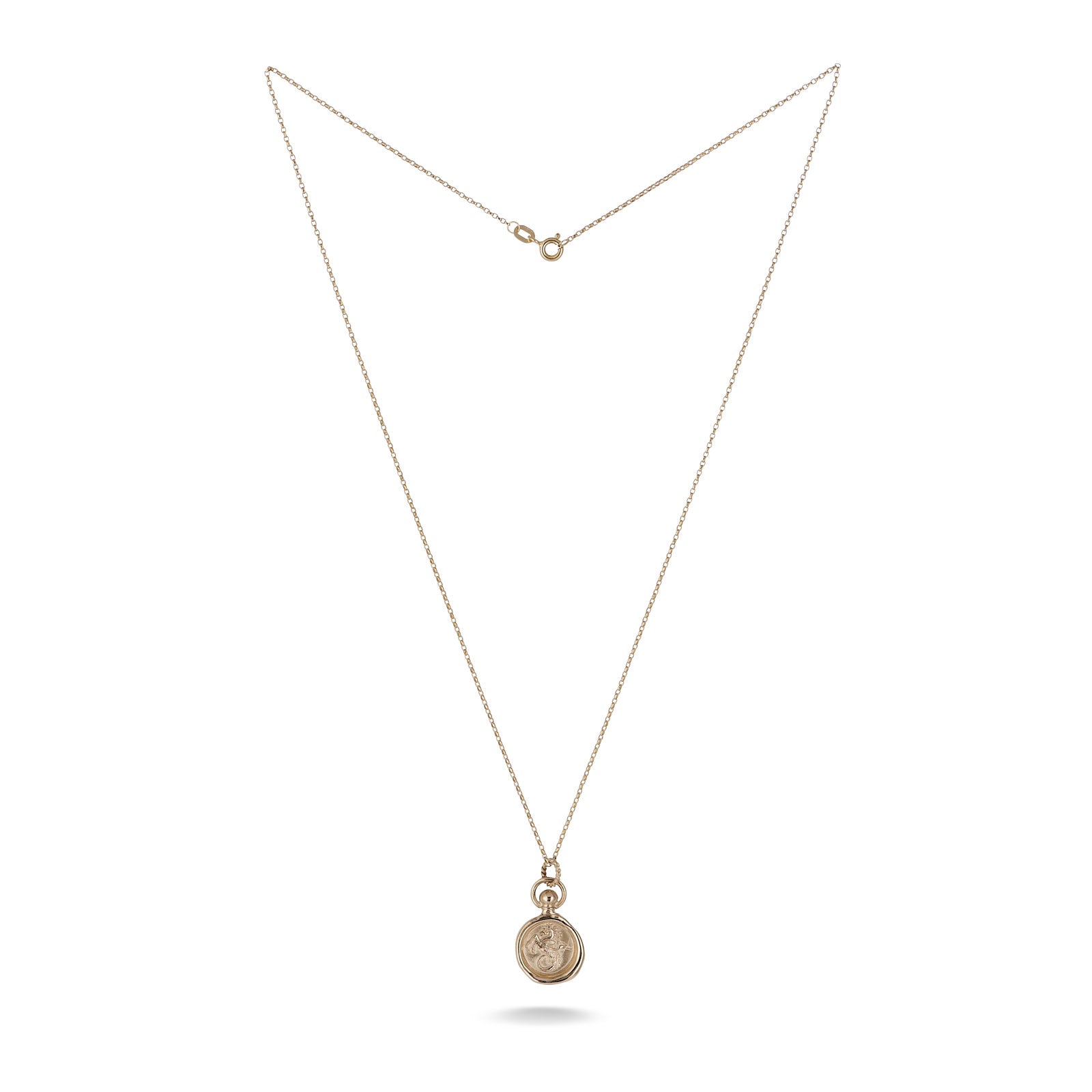 The House of the Dragon & JdL Velaryon Wax Seal Charm by Jessica de Lotz Jewellery features a lightweight gold chain and a round embossed pendant, inspired by the show’s jewellery and displayed against a white background.