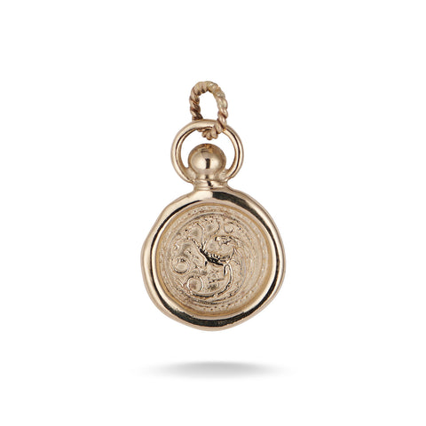 The House of the Dragon & JdL Targaryen Wax Seal Charm by Jessica de Lotz Jewellery features a gold pendant with a twisted loop bail, a raised scorpion on ornate swirls, and a white background that highlights its regal design.