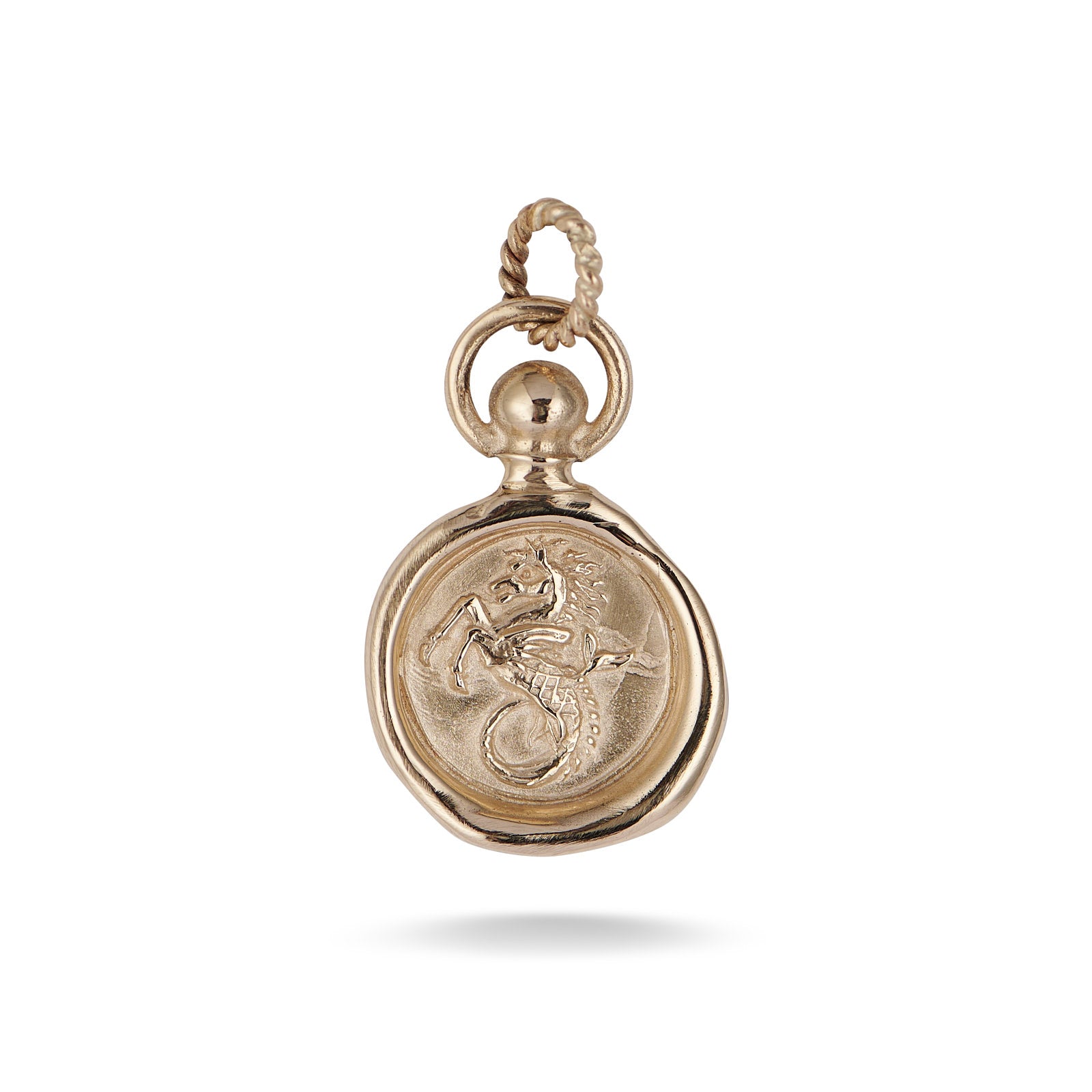 The House of the Dragon & JdL Velaryon Wax Seal Charm by Jessica de Lotz Jewellery features a raised dragon design and an organic-shaped border, hanging from a twisted loop, shown on a plain white background.