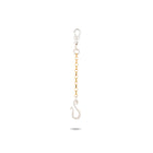 The Chatelaine Holding Hands Chain by Jessica de Lotz Jewellery features a petite design with a silver clasp at the top, a short gold square-link chain in the center, and a silver S-shaped hook at the bottom. The piece is displayed against a plain white background with a subtle shadow beneath.