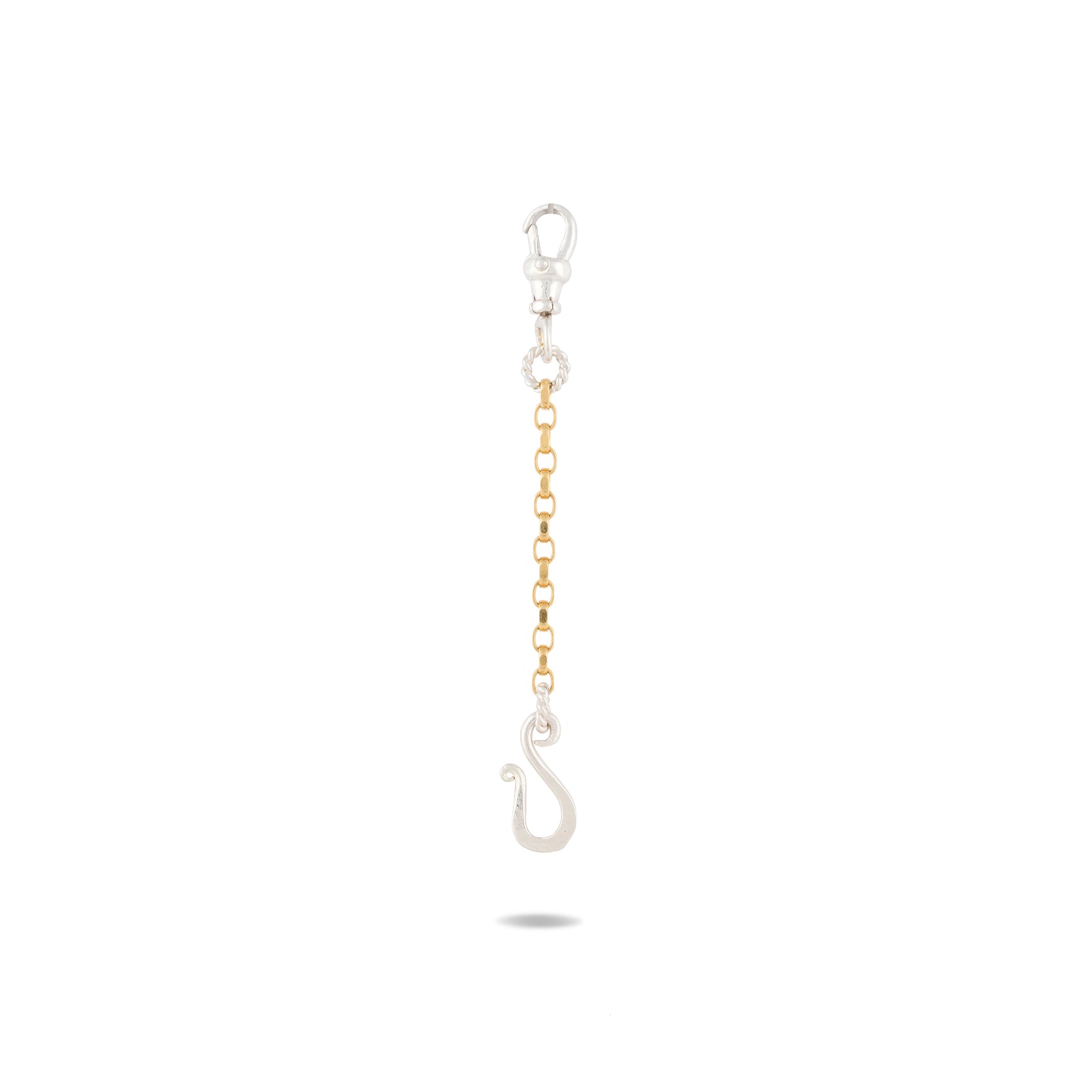 The Chatelaine Holding Hands Chain by Jessica de Lotz Jewellery features a petite design with a silver clasp at the top, a short gold square-link chain in the center, and a silver S-shaped hook at the bottom. The piece is displayed against a plain white background with a subtle shadow beneath.