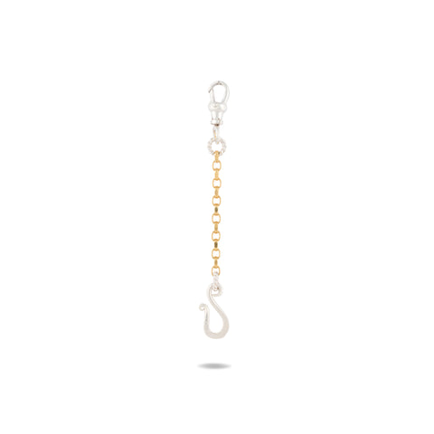 The Chatelaine Holding Hands Chain by Jessica de Lotz Jewellery features a petite design with a silver clasp at the top, a short gold square-link chain in the center, and a silver S-shaped hook at the bottom. The piece is displayed against a plain white background with a subtle shadow beneath.