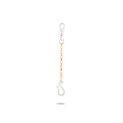 The Chatelaine Holding Hands Chain by Jessica de Lotz Jewellery features a petite design with a silver clasp at the top, a short gold square-link chain in the center, and a silver S-shaped hook at the bottom. The piece is displayed against a plain white background with a subtle shadow beneath.