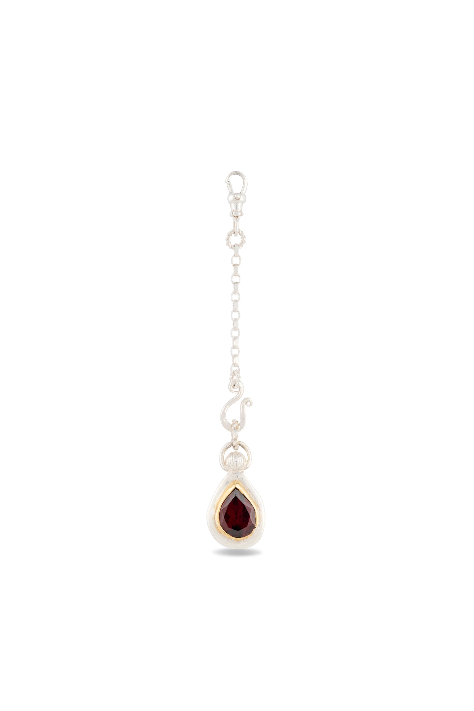 A simple and elegant silver chain from Jessica de Lotz Jewellery, featuring a lobster clasp and decorative hook, finished with the “My Blood, Your Blood, Our Blood Charm”—a teardrop-shaped deep red gemstone set in a silver bezel. Photographed on a white background, this design beautifully highlights the striking pendant, making it an ideal addition to any collection of sisterhood jewelry or Practical Magic-inspired charms.