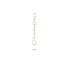 The Chatelaine Holding Hands Chain by Jessica de Lotz Jewellery—a keychain featuring a silver lobster clasp, small ring, short gold chain, and a silver hook at the end—is centered on a white background with a faint shadow beneath it.