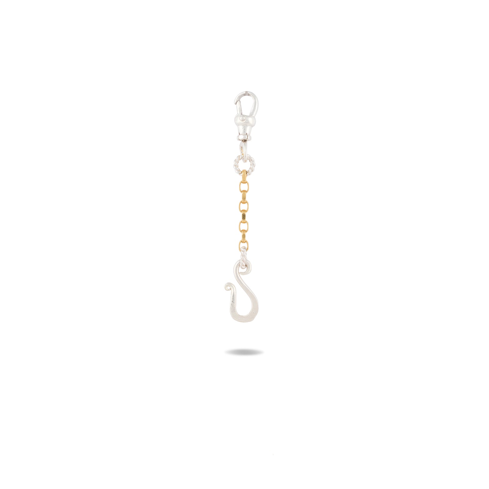 The Chatelaine Holding Hands Chain by Jessica de Lotz Jewellery—a keychain featuring a silver lobster clasp, small ring, short gold chain, and a silver hook at the end—is centered on a white background with a faint shadow beneath it.