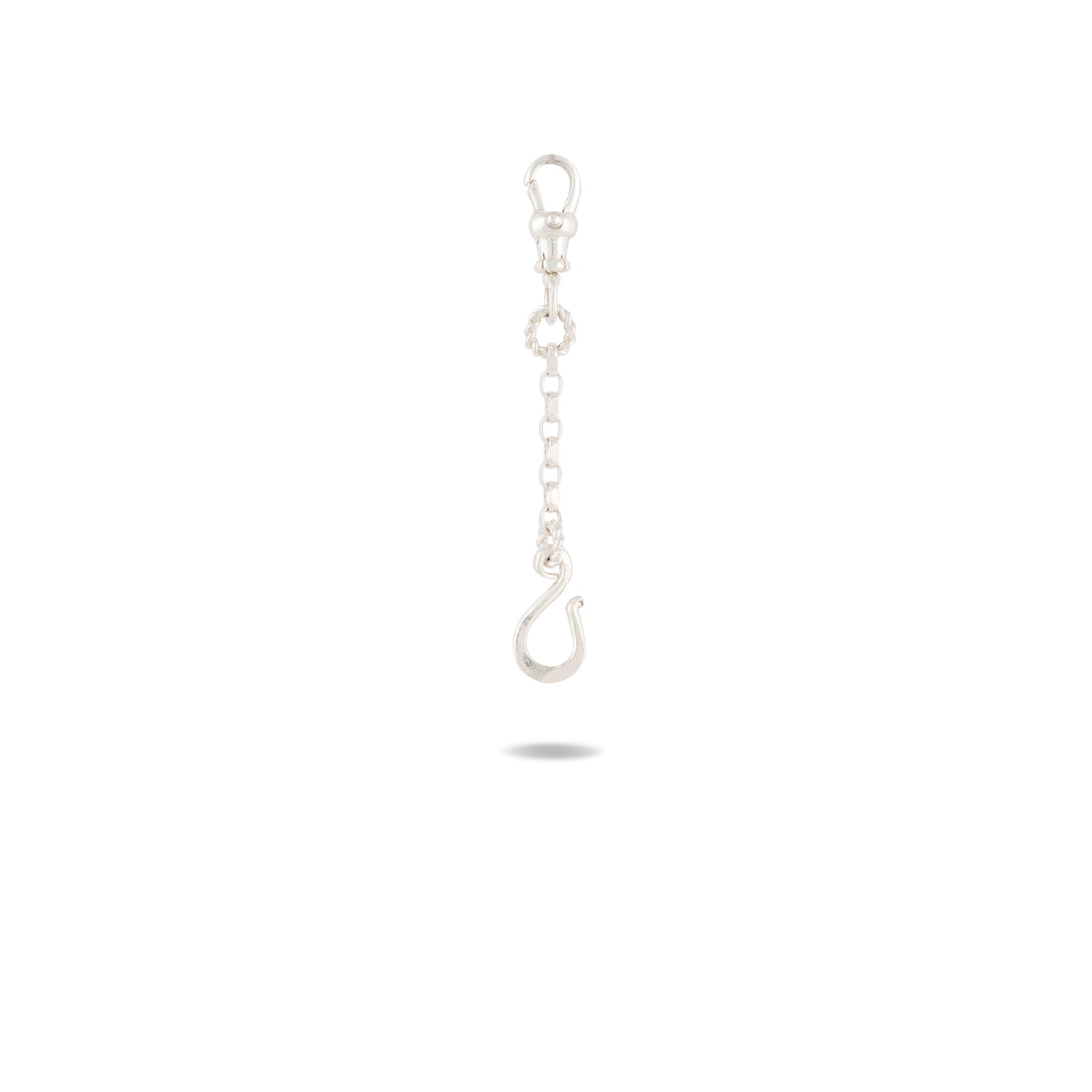 The Chatelaine Holding Hands Chain by Jessica de Lotz Jewellery features a silver lobster clasp, short chain links, and a delicate hook-shaped charm at the bottom. The keychain is displayed centered on a white background with a faint shadow beneath it.