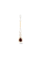 Introducing “My Blood, Your Blood, Our Blood Charm” by Jessica de Lotz Jewellery—a single earring featuring a gold and silver chain adorned with a teardrop-shaped dark red gemstone set in an elegant silver and gold bezel. Displayed against a plain white background, this striking piece of sisterhood jewelry evokes the magical essence of charms from Practical Magic.