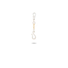 The Chatelaine Holding Hands Chain by Jessica de Lotz Jewellery—a silver keychain featuring a lobster clasp, a small gold link, and a prominent S-shaped hook charm—hangs centered on a white background, casting a faint shadow below.