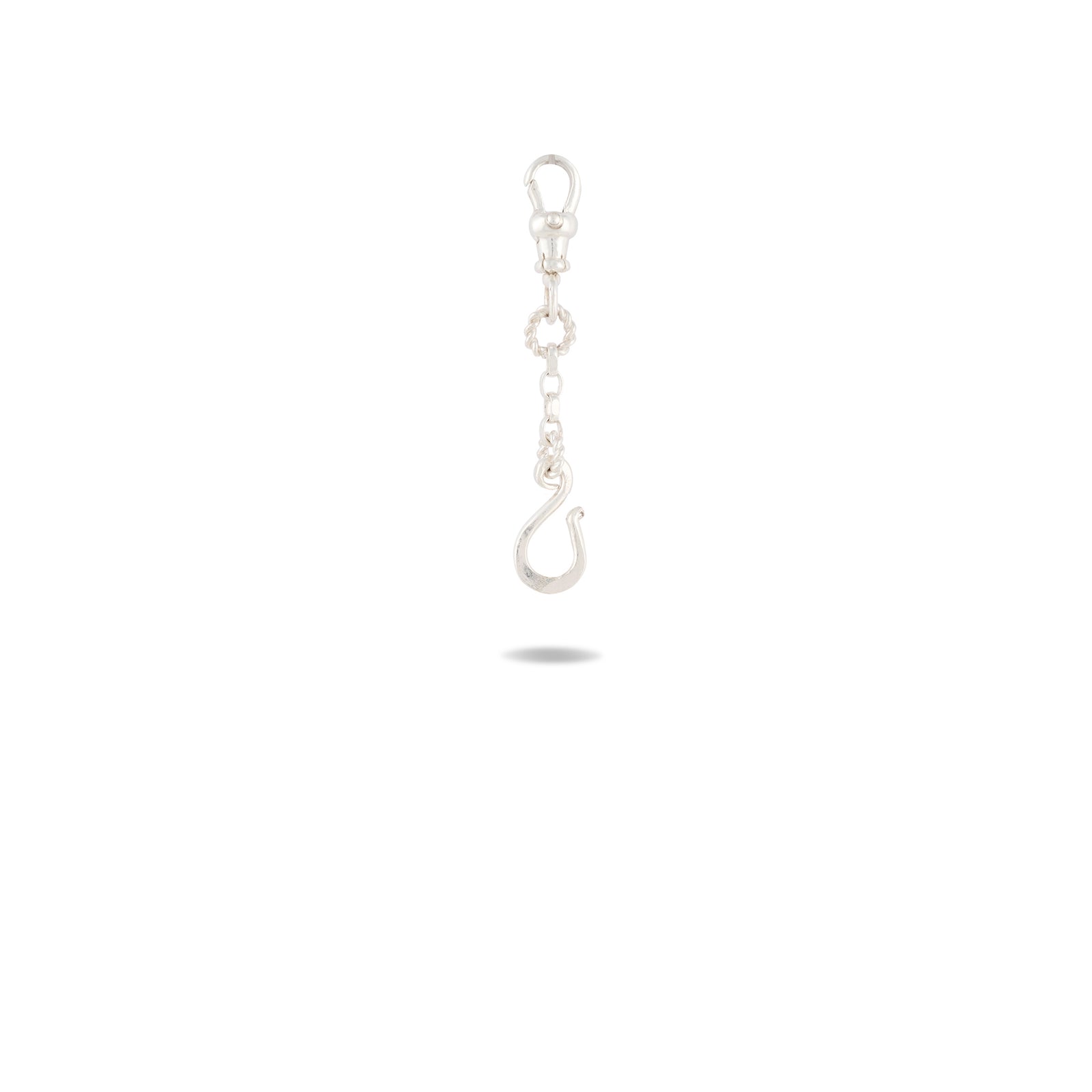 A small silver clasp is attached to a short chain, ending in a metallic hook. The Chatelaine Holding Hands Chain by Jessica de Lotz Jewellery is centered on a plain white background, with a faint shadow beneath it.
