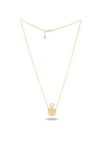A refined gold chain necklace from Jessica de Lotz Jewellery’s Verbenca Botanical Charm Apothecary Top collection, showcasing a petite, round pendant inspired by vintage apothecary motifs with an intricately designed botanical centerpiece. Arranged in a graceful V-shape on a white background, the necklace casts a subtle shadow beneath its pendant—echoing the timeless elegance of wax seal charms and antique chatelaine hand necklaces.