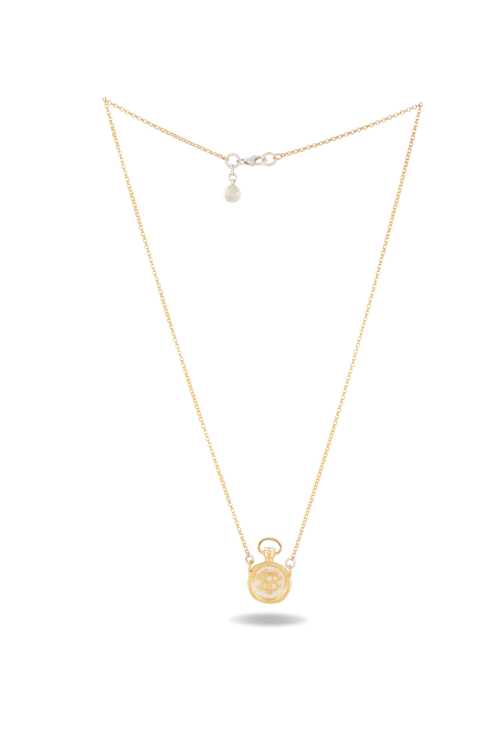 A refined gold chain necklace from Jessica de Lotz Jewellery’s Verbenca Botanical Charm Apothecary Top collection, showcasing a petite, round pendant inspired by vintage apothecary motifs with an intricately designed botanical centerpiece. Arranged in a graceful V-shape on a white background, the necklace casts a subtle shadow beneath its pendant—echoing the timeless elegance of wax seal charms and antique chatelaine hand necklaces.