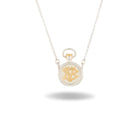 Discover the Verbena Botanical Apothecary Bottle Charm Necklace ~ Limited Edition by Jessica de Lotz Jewellery. This elegant silver necklace features a pendant inspired by vintage apothecary bottles, adorned with an ornate gold monogram at its center. Reminiscent of botanical jewelry, this timeless piece evokes the natural beauty of Verbena Botanical. The charm hangs gracefully from a delicate chain and is showcased against a white background with a soft shadow beneath.