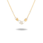 A Practical Magic Chatelaine Hand Necklace by Jessica de Lotz Jewellery, featuring a gold chain with a central pendant shaped like two small hands clasping each other, accented by diamond-like stones on each side. Displayed against a white background with a faint shadow beneath, the design echoes the brand’s iconic style.