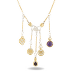The Practical Magic Chatelaine Hand Necklace (Charm & Chain Bundle) by Jessica de Lotz Jewellery showcases five dangling charms—a heart, coin, flower, gemstone, and teardrop—each detailed with gold accents. The charms are suspended from silver hands joined at the center, with a shadow beneath suggesting the necklace is displayed flat.