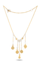 Introducing the Practical Magic Chatelaine Hand Necklace (Charm & Chain Bundle) by Jessica de Lotz Jewellery: a delicate gold and silver chain necklace featuring five engraved dangling gold charms—including four round charms and one heart-shaped charm. Inspired by classic chatelaine hand necklaces, the central piece showcases intricate silver detailing, while subtle Practical Magic motifs adorn each charm. The necklace offers an adjustable clasp for versatile wear, embodying both elegance and craftsmanship.