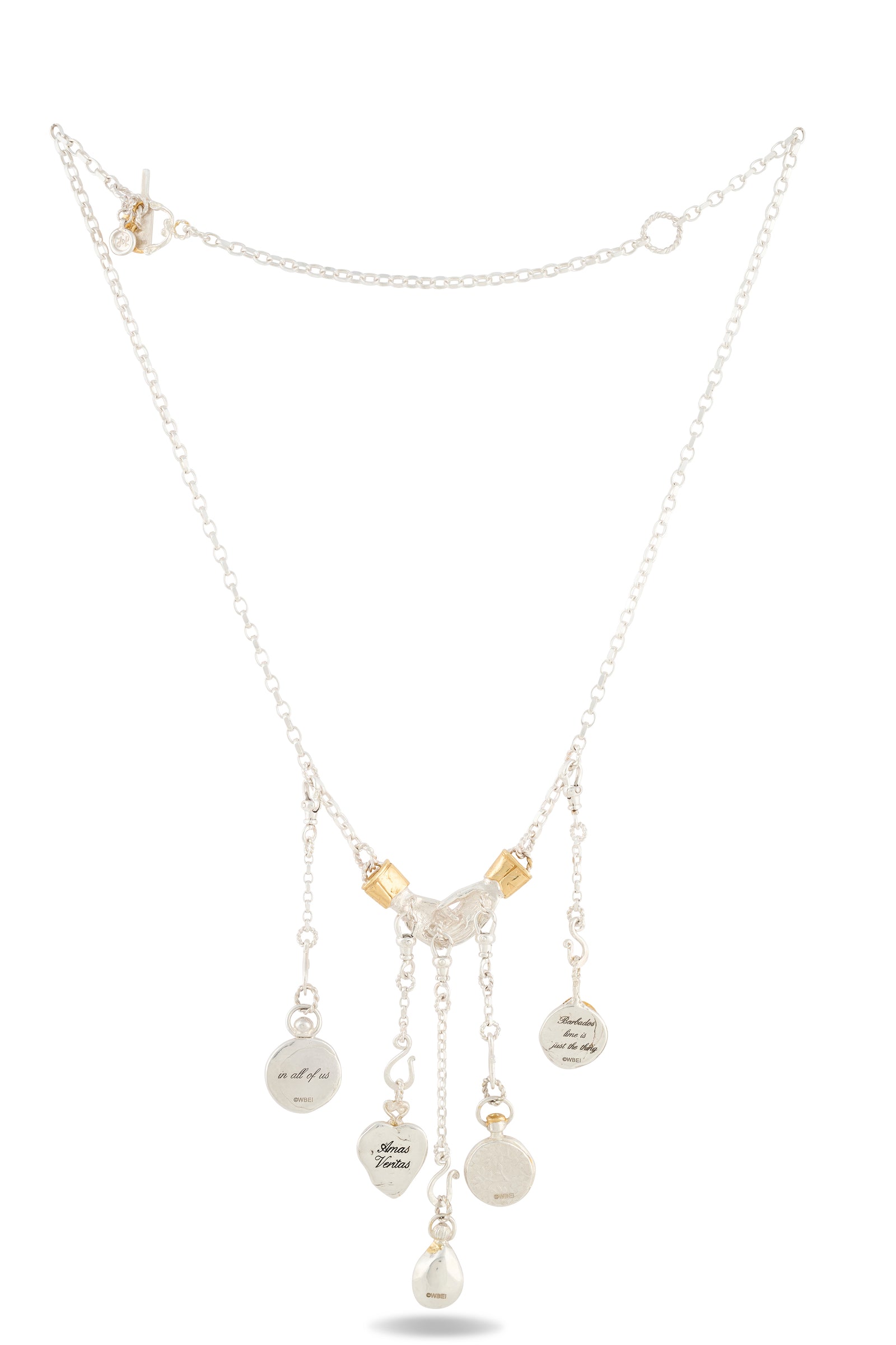 Introducing the Practical Magic Chatelaine Holding Hands Necklace (Charm & Chain Bundle) by Jessica de Lotz Jewellery—a delicate silver chain necklace featuring five round, engraved pendants accented with subtle gold-tone details. Inspired by the Practical Magic collection, each pendant displays elegant script on a white background, beautifully reminiscent of signature Jessica de Lotz style.