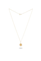 Midnight Margarita Lime Charm necklace by Jessica de Lotz Jewellery, featuring a round, flat pendant engraved with a tree design. Reminiscent of a modern-day chatelaine, this elegant gold chain piece evokes the spirit of Practical Magic charms. The necklace is presented against a plain white background, with the pendant centered and the chain forming a symmetrical V-shape above it.