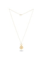 A delicate gold chain necklace from Jessica de Lotz Jewellery, featuring the Verbena Botanical Apothecary Bottle Charm—a small round pendant engraved with a sun motif in the style of a classic botanical wax-seal charm—photographed on a plain white background with the unclasped chain and visible clasp at the top.