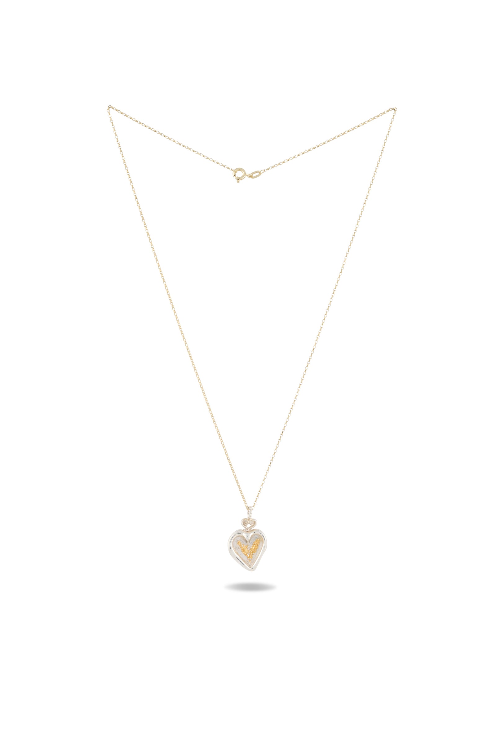 A delicate gold necklace from Jessica de Lotz Jewellery features the Amas Veritas Spell Charm—a heart-shaped pendant with a silver border and a gold heart centerpiece. Laid flat on a white background, the necklace’s fine chain casts a subtle shadow beneath the enchanting pendant, combining elegance with a modern chatelaine flair and evoking the timeless allure of sisterhood charms from Practical Magic 2.