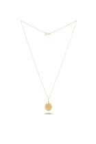Introducing the Midnight Margarita Charm by Jessica de Lotz Jewellery—a delicate gold chain necklace featuring a round, engraved gold pendant inspired by the enchanting details of Practical Magic charms. The necklace is showcased against a plain white background with a subtle shadow beneath the pendant, highlighting its simplicity and elegance.