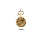 A closed, round Verbenca Botanical Charm Bottle Top by Jessica de Lotz Jewellery, adorned with an engraved floral pattern and suspended from a silver twisted loop, evokes the enchanting allure of Practical Magic. The slightly textured charm casts a soft shadow on a white background, with no visible clock face or hands.