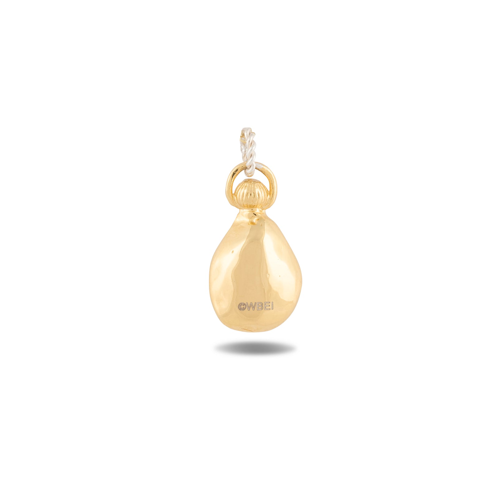 A smooth, shiny gold “Our Blood Pendant” by Jessica de Lotz Jewellery, shaped like a teardrop or small gourd, hangs from a twisted silver loop reminiscent of whimsical Practical Magic charms. A subtle ©WBEI is engraved near the bottom of the pendant. The background is plain white.