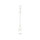 The Chatelaine Holding Hands Chain by Jessica de Lotz Jewellery features a silver chain with a lobster clasp at the top, a small circular link in the center, and a curved hook at the bottom. The piece casts a faint shadow on the white background.