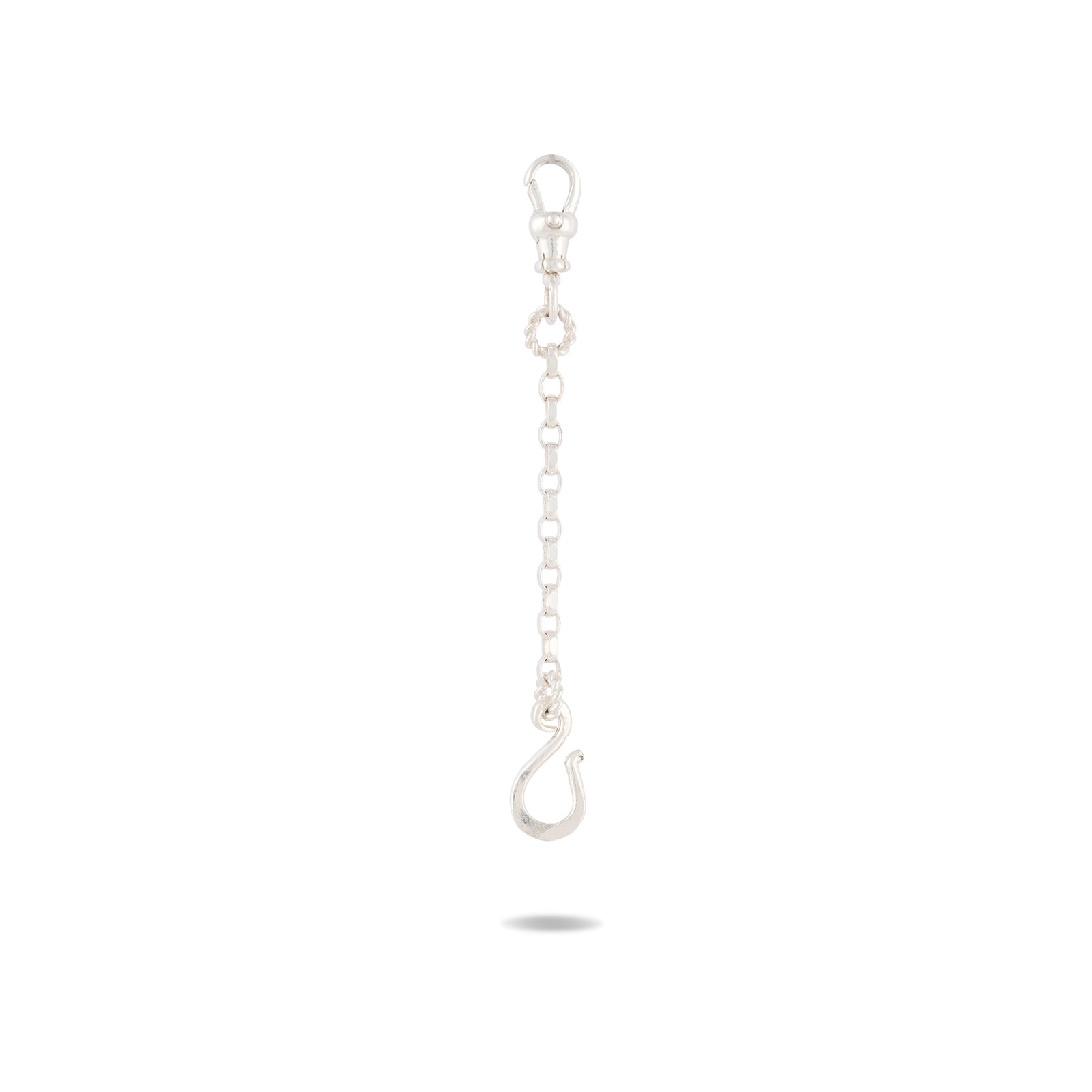 The Chatelaine Holding Hands Chain by Jessica de Lotz Jewellery features a silver chain with a lobster clasp at the top, a small circular link in the center, and a curved hook at the bottom. The piece casts a faint shadow on the white background.