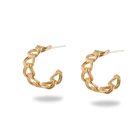 The Small Chain Hoops by Jessica de Lotz Jewellery are chunky gold hoops with an interlocking double curb chain design, handmade in a semi-circular shape with post backings, shown on a white background with soft shadows.