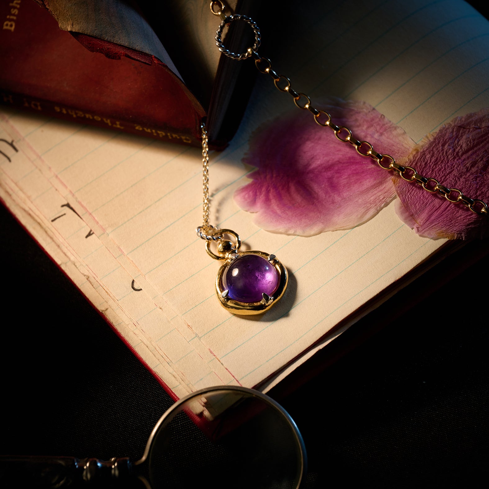 A “There’s A Little Witch In All Of Us Charm” necklace by Jessica de Lotz Jewellery, featuring a purple gemstone pendant, rests on an open notebook adorned with pressed purple flower petals. Nearby is a partially visible magnifying glass, while above the notebook sits a red book with a worn cover reminiscent of those seen in Practical Magic 2.