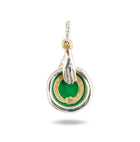 The Enamelled Ouroboros Charm from Jessica de Lotz Jewellery features a detailed silver hand above a green enamel center, encircled by a gold ouroboros and finished with a twisted silver bail—symbolizing new beginnings. Limited edition necklace.