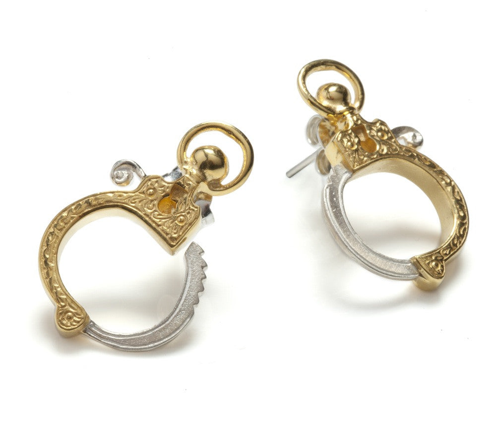 Jessica de Lotz JdL Jewellery Gladys Joyce Bowden Collection Mini Handcuff Stud Earrings with Edwardian Pistol Engraving Gold Plated Silver