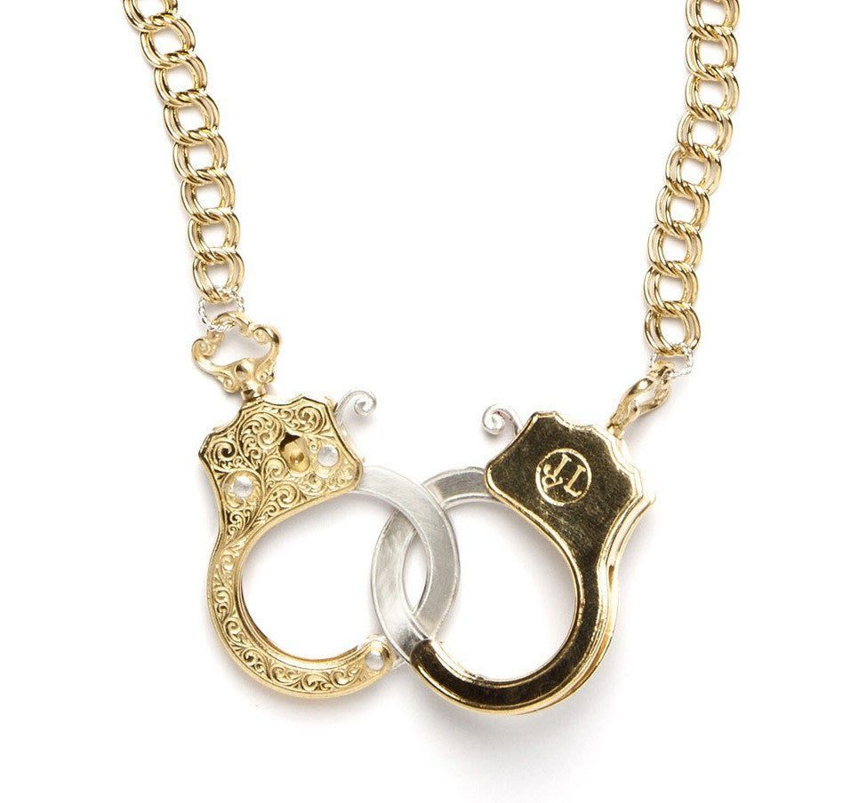 Jessica de Lotz JdL Jewellery Gladys Joyce Bowden Collection Closeup Large Functioning Handcuffs Necklace with Twin curb Chain Gold Plated Sterling Silver