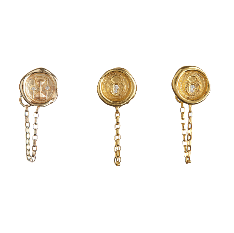 Hourglass, Lock of Love and Ampersand Wax Seal Earrings by Jessica de Lotz